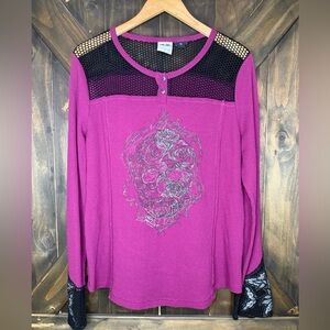 Harley Davidson Women’s XL Burgundy Skull & Lace Henley Long Sleeve Shirt